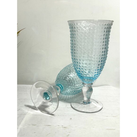 Textured Turquoise Blue Hobnail Glass Goblets Set Of 2 With Clear Stems - Picture 5 of 5
